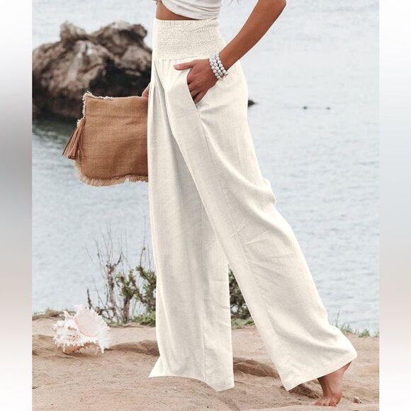 Elegant white linen, Palazio pants with pockets . - Picture 3 of 6